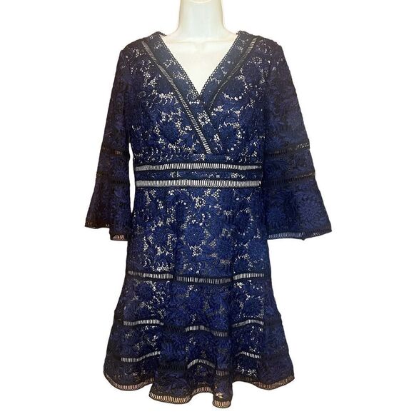 Shani Floral Jacquard Lattice Trim Fit & Flare Midi-Dress in Black/Blue NWOT Siz - Picture 5 of 8